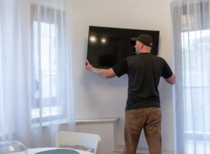 worker doing tv mounting service